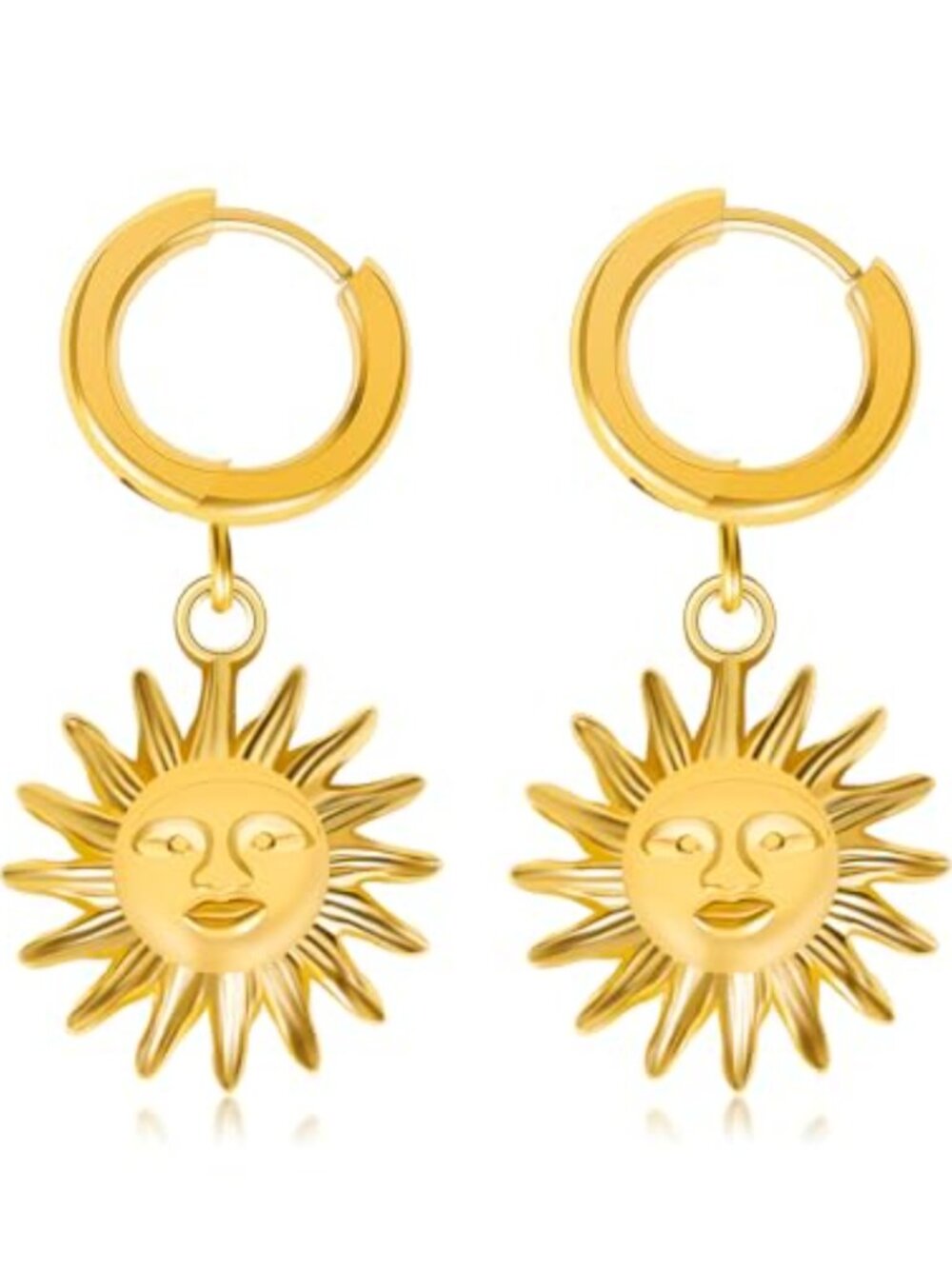 Gold Tone Sun Face Drop Earrings Celestial Dangle Hoop Lightweight 3.8cm